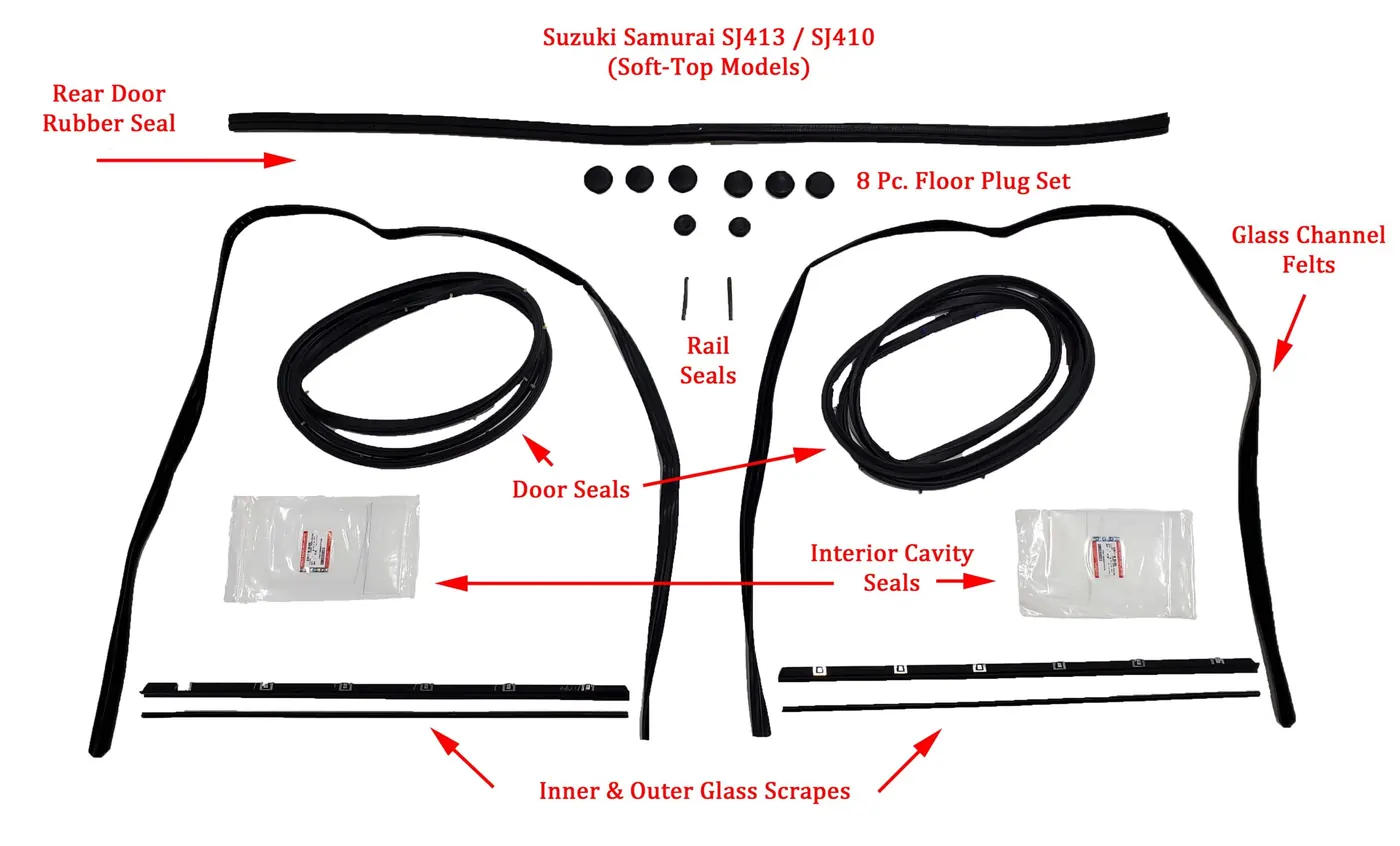 COMPLETE SEAL KIT / DOOR / GLASS (OEM) – SAMURAI ’80-’95 (SOFT-TOP MODELS)